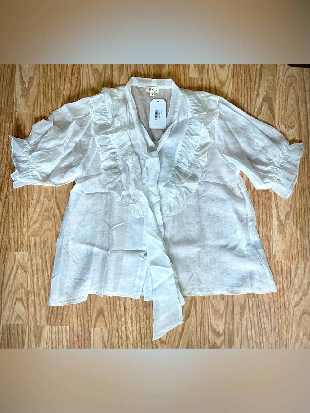 NWT – POL Angelica White Ruffle Tie-Neck Blouse – Size Large